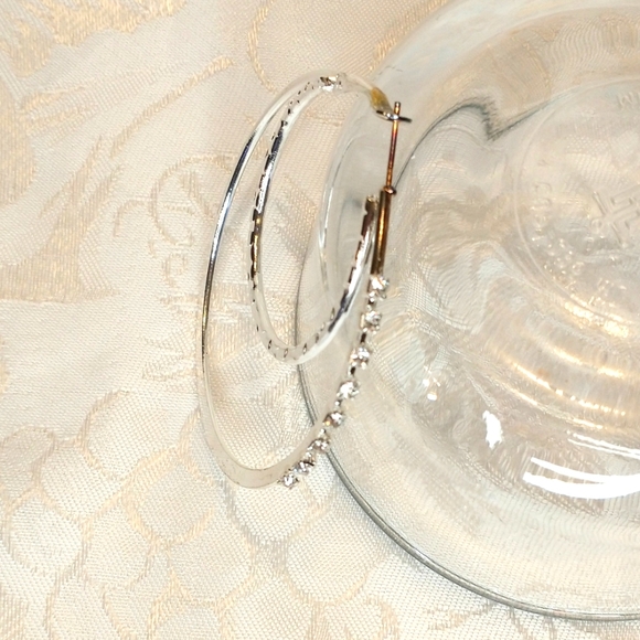 Monaco Double Circle Silver Hoop Earrings with Clear Rhinestones - Picture 5 of 7